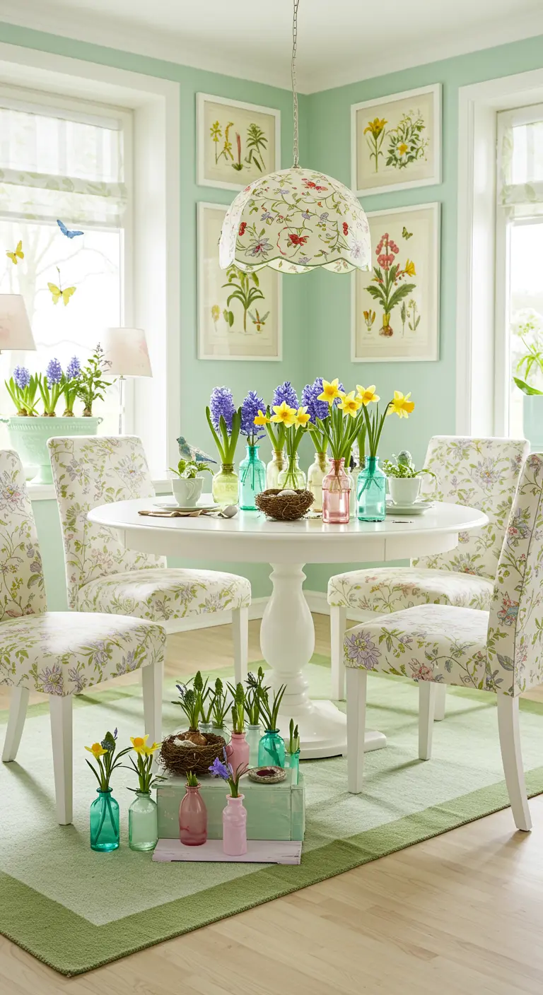 Salle à manger lumineuse aux tons verts menthe avec un centre de table printanier de fleurs colorées dans des mini-vases.