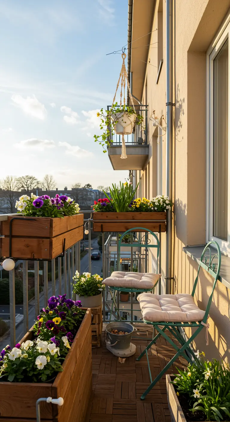 Balcon printanier ensoleillé avec jardinières de pensées et chaises bistro.