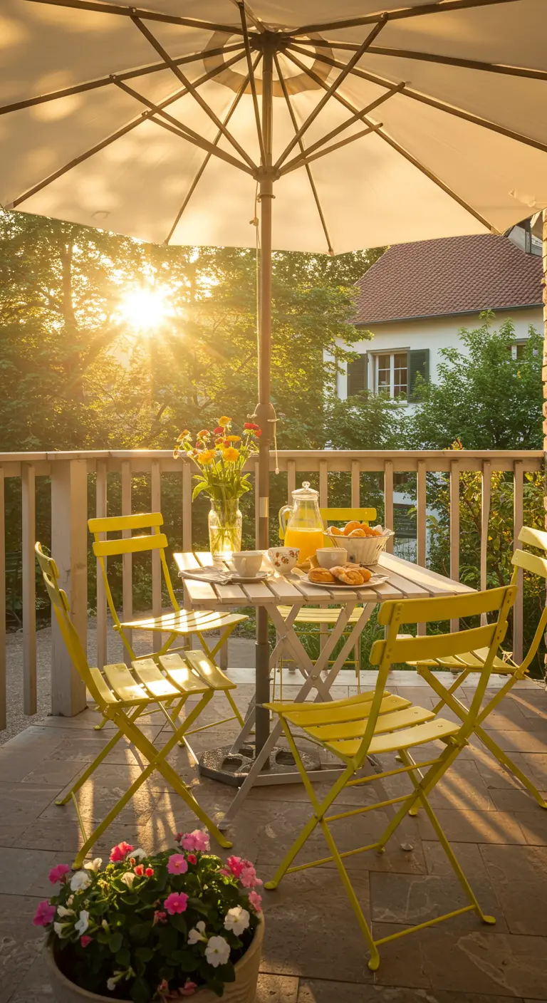 Petit ensemble repas jaune et blanc, parasol blanc sur balcon ensoleillé avec fleurs.