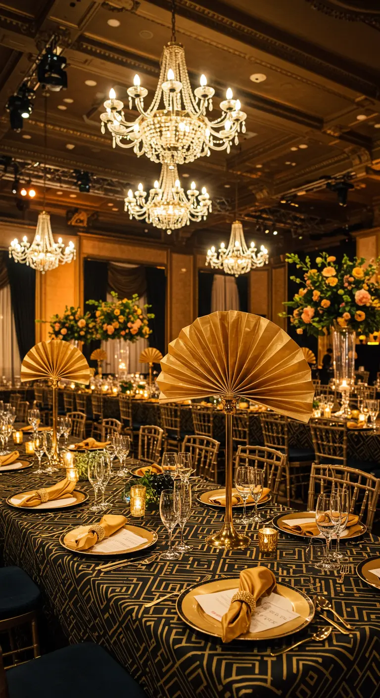 Réception style Art déco avec centres de table en éventail doré.