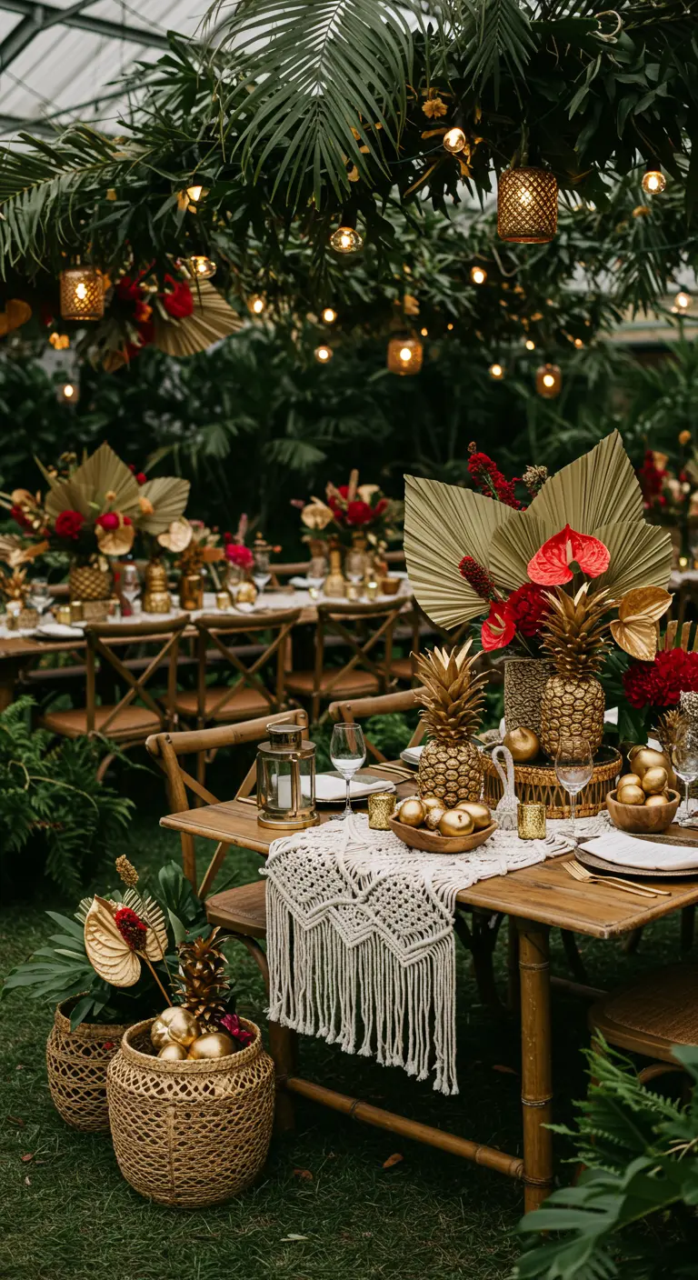Table bohème tropicale avec ananas dorés, feuilles de palmier et fleurs rouges éclatantes.