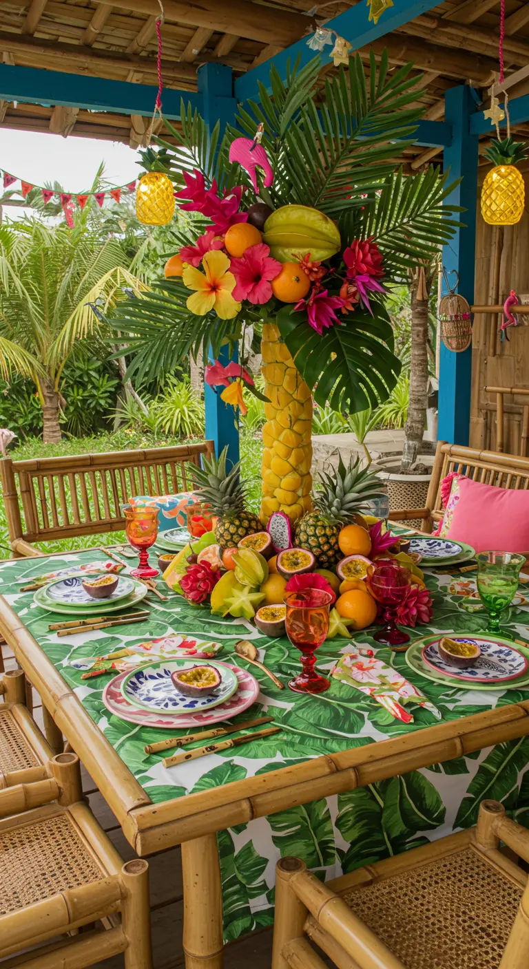 Table en bambou avec nappe à motifs tropicaux, tour de fruits exotiques et fleurs d'hibiscus.