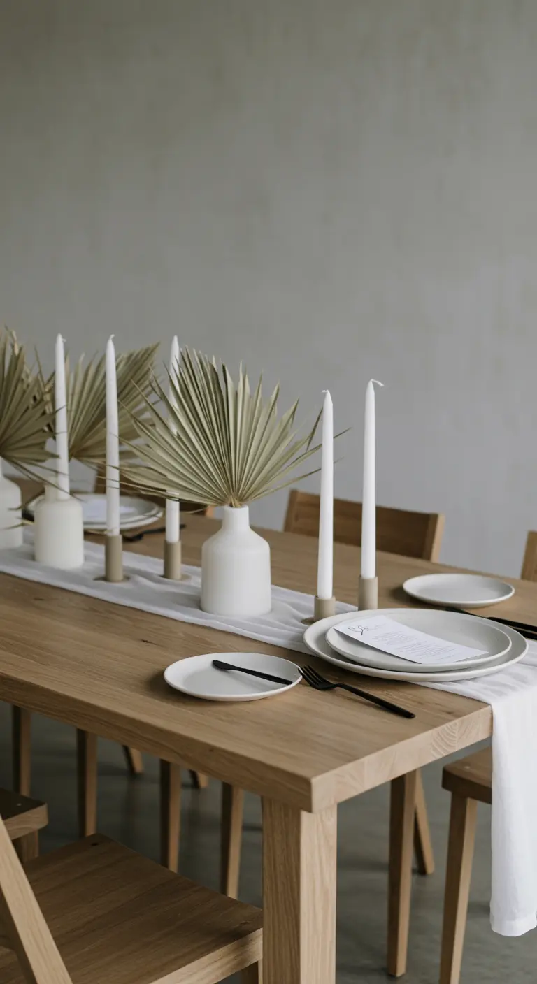 Table en bois minimaliste avec chemin de table blanc, bougies fines et feuilles de palmier séchées.
