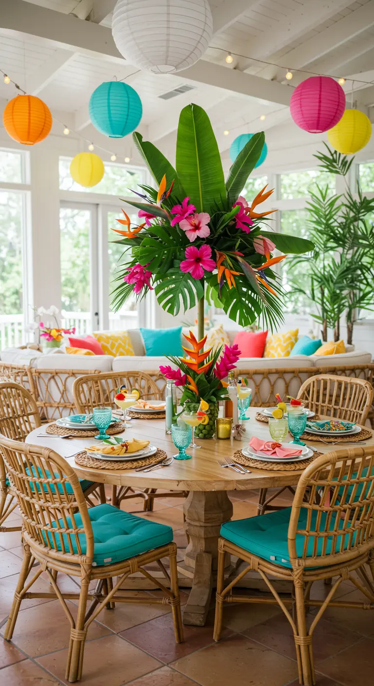 Table ronde décorée d'un grand centre de table floral tropical et de lanternes en papier colorées.