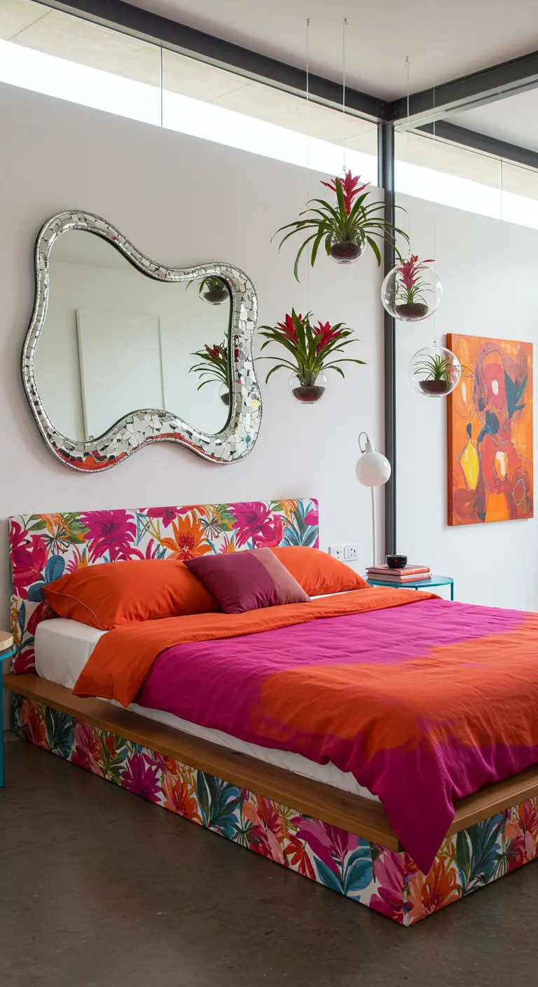 Chambre tropicale vibrante avec tête de lit florale, miroir ondulé et broméliacées suspendues.