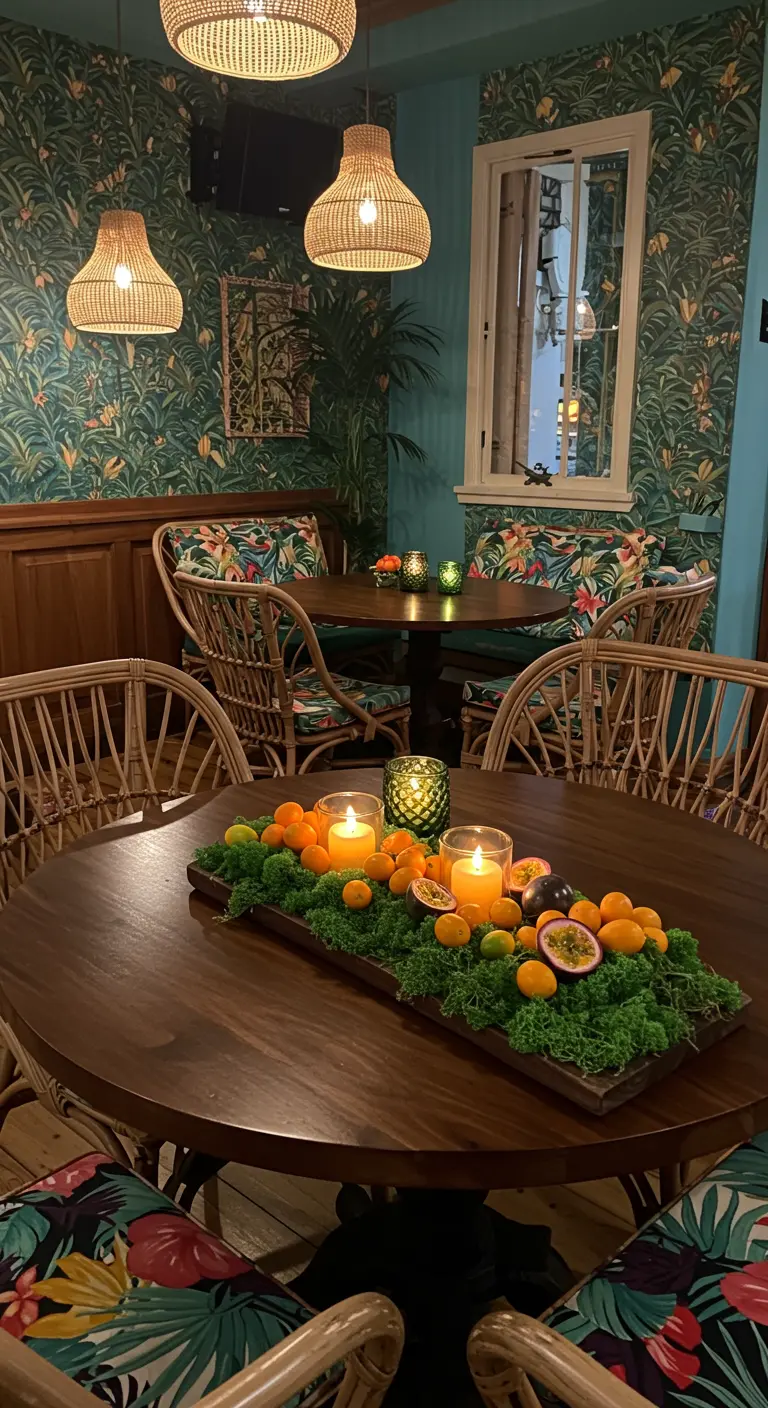 Centre de table tropical avec mousse, bougies, kumquats et fruits de la passion sur une table ronde.