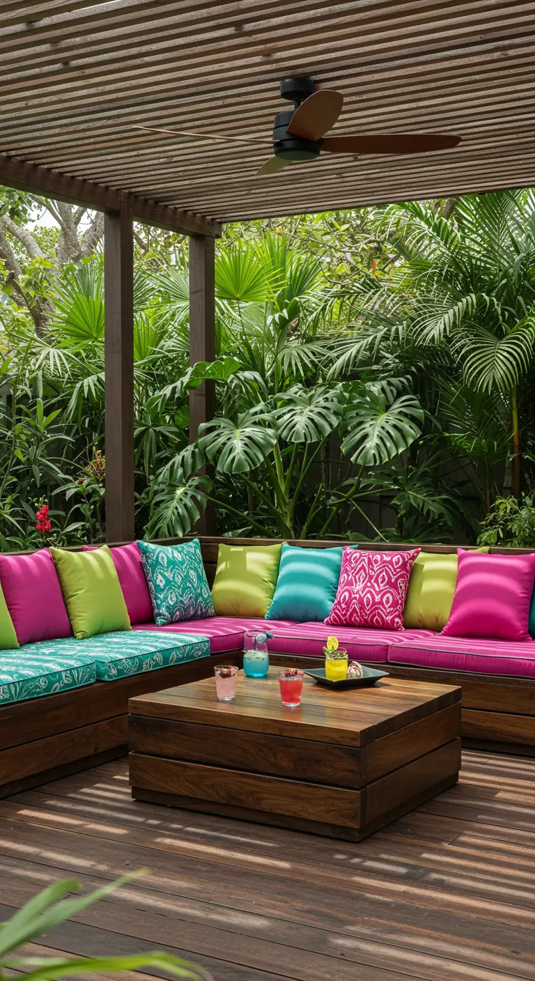 Banquette en bois sous pergola tropicale, coussins rose, vert et bleu, plantes luxuriantes.