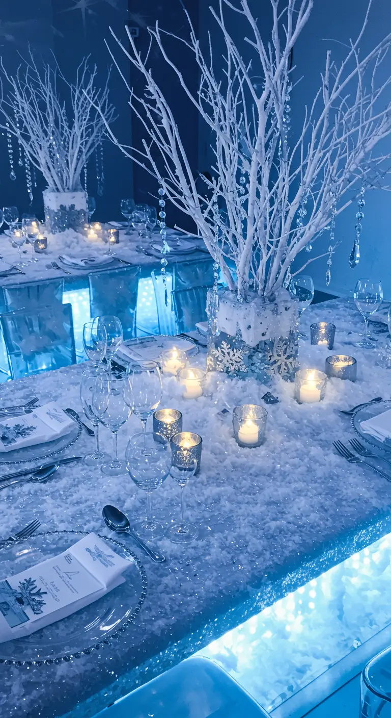 Table de fête sur le thème de l'hiver avec neige, branches blanches et bougies.