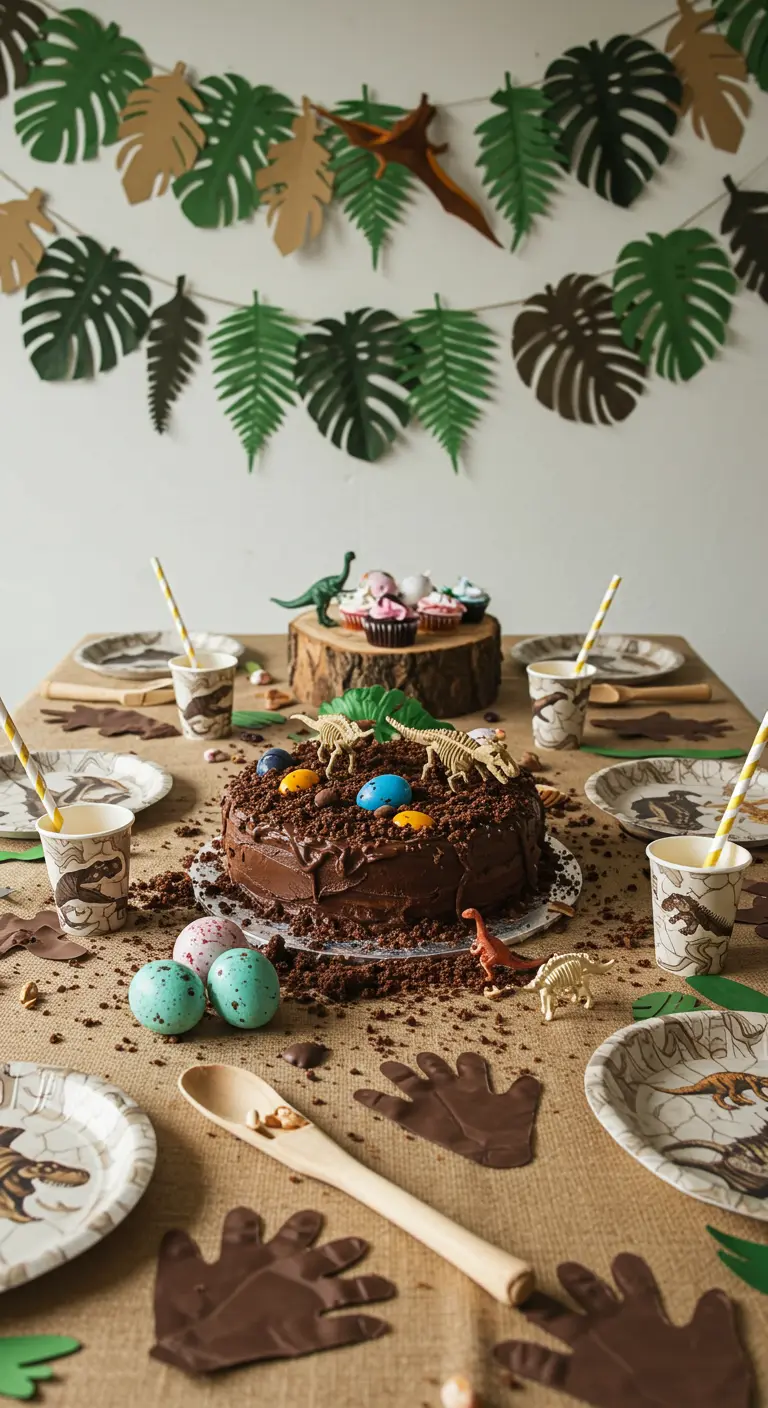 Table dinosaure avec gâteau au chocolat, œufs en sucre et guirlande de feuilles.