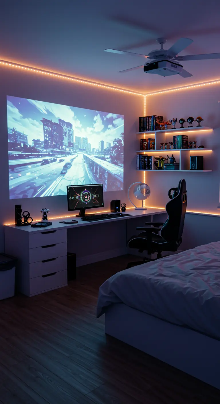 Chambre ado avec éclairage LED orange, un grand écran de projection et des étagères illuminées.