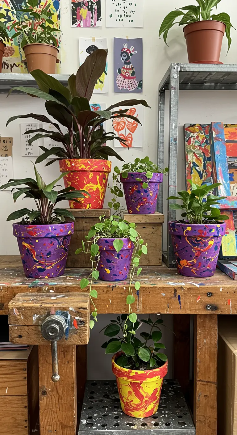 Pots colorés avec des éclaboussures de peinture vives, exposés dans un atelier d'artiste.