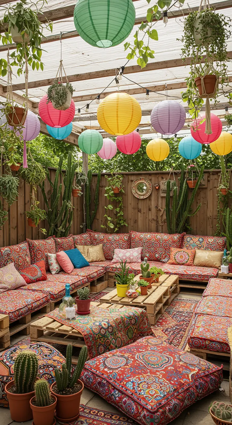 Terrasse bohème colorée avec des coussins au sol, des plantes et des lampions suspendus de toutes les couleurs.