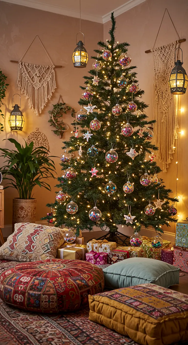 Un sapin de Noël décoré dans un style bohème avec des boules colorées.
