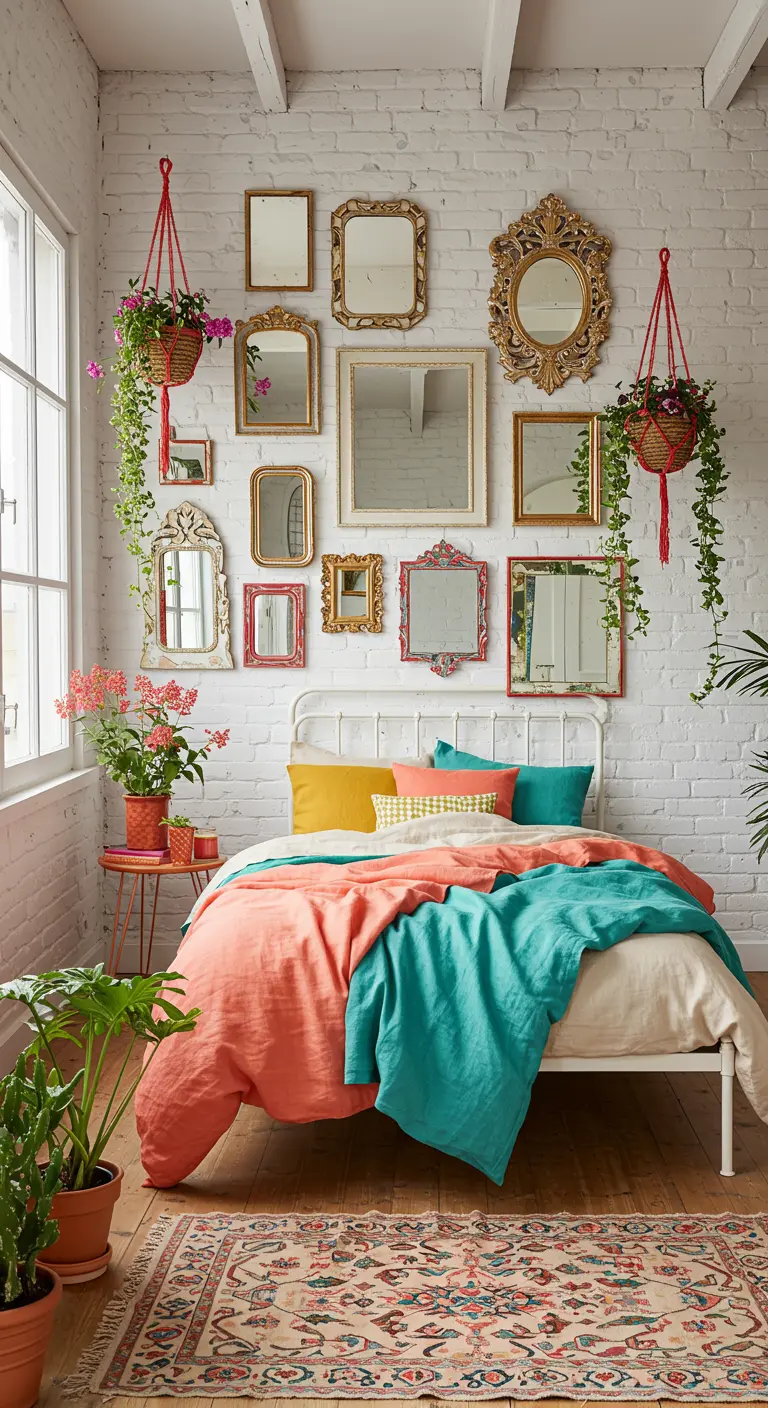 Chambre bohème avec mur de briques blanches, miroirs colorés et literie corail/bleu sarcelle.
