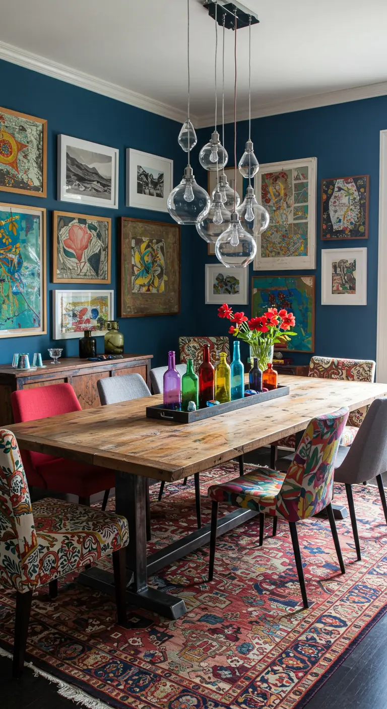 Salle à manger éclectique avec des œuvres d'art colorées et un centre de table de bouteilles en verre aux couleurs vives.