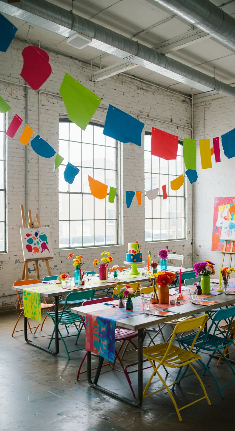 Guirlande de formes géométriques colorées en papier dans un atelier d'artiste.