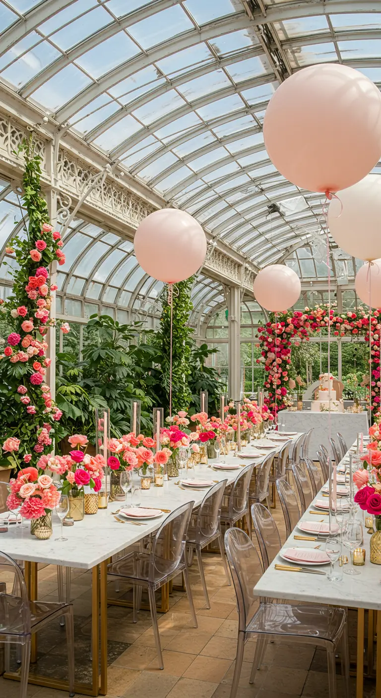 Serre lumineuse avec de longues tables décorées de roses corail et fuchsia, chaises transparentes et ballons roses.