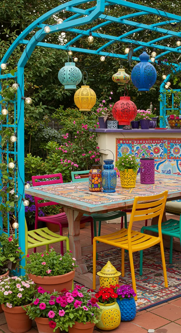 Patio coloré avec pergola bleue, lanternes suspendues et chaises vives.