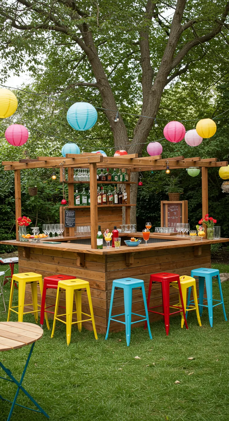 Bar en bois de jardin avec une pergola, des tabourets multicolores et des lampions.