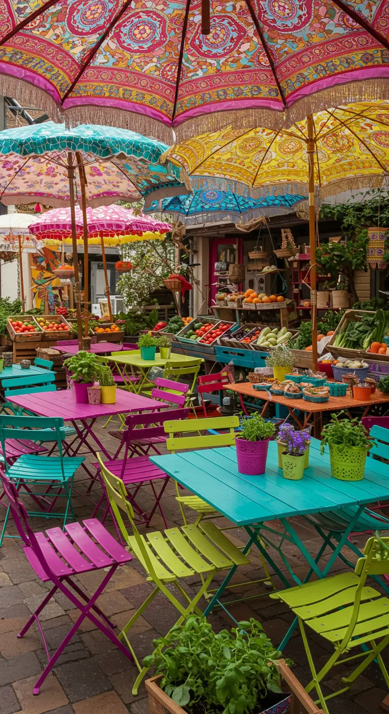 Tables et chaises multicolores, parasols à motifs orientaux, fruits et légumes sur un marché extérieur.