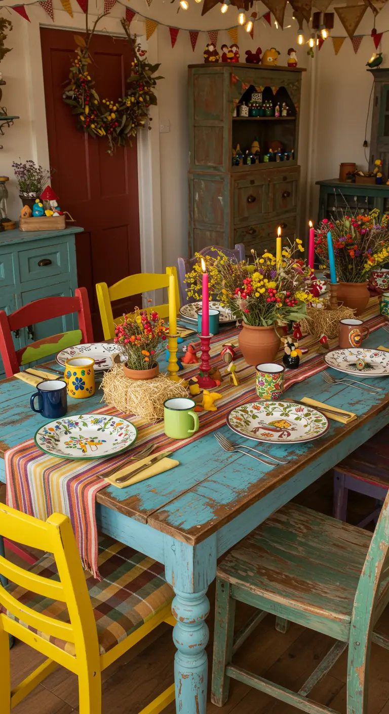 Table bleue patinée avec chemin de table rayé, vases de fleurs colorées, bougies vives et chaises dépareillées.