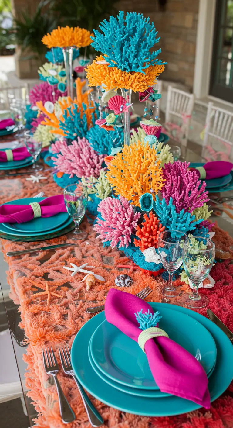 Table très colorée avec des décorations en forme de coraux vifs et de la vaisselle fuchsia et turquoise.