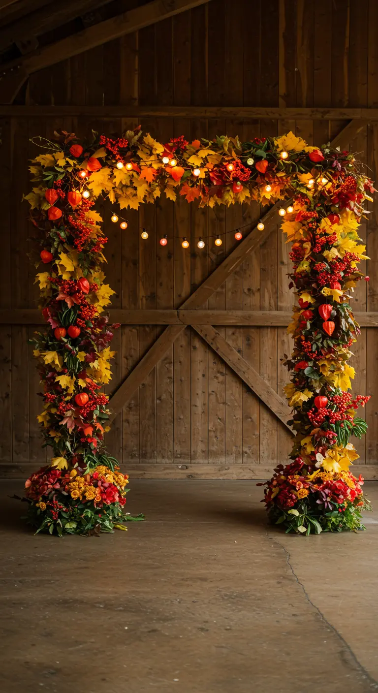 Arche florale d'automne avec feuilles jaunes et rouges, baies et lumières.