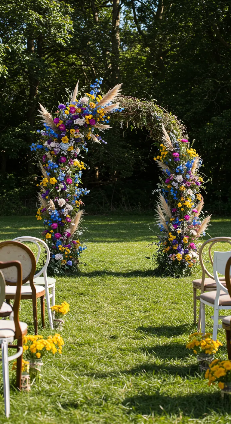 Arche entièrement couverte de fleurs de champs multicolores (bleu, jaune, rose).