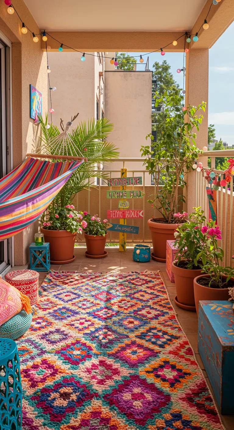 Balcon coloré avec hamac rayé, tapis berbère vif, plantes en pots et guirlandes lumineuses.