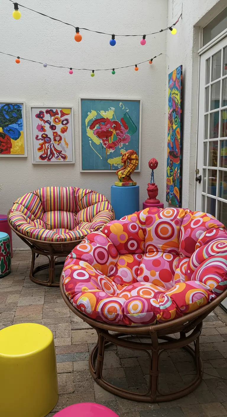 Deux fauteuils papasan aux motifs très colorés sur un patio avec des œuvres d'art murales.