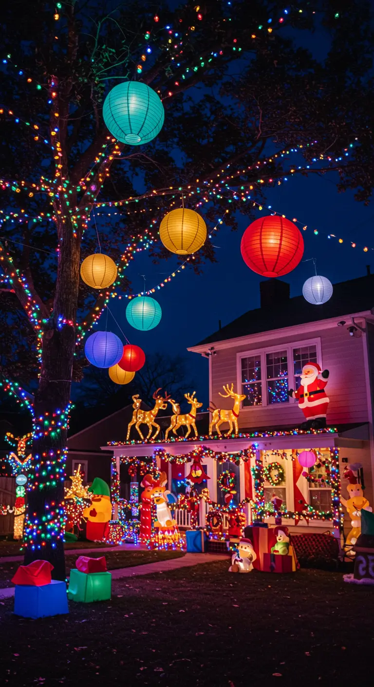 Maison et jardin richement décorés pour Noël avec lumières multicolores, lampions et personnages.