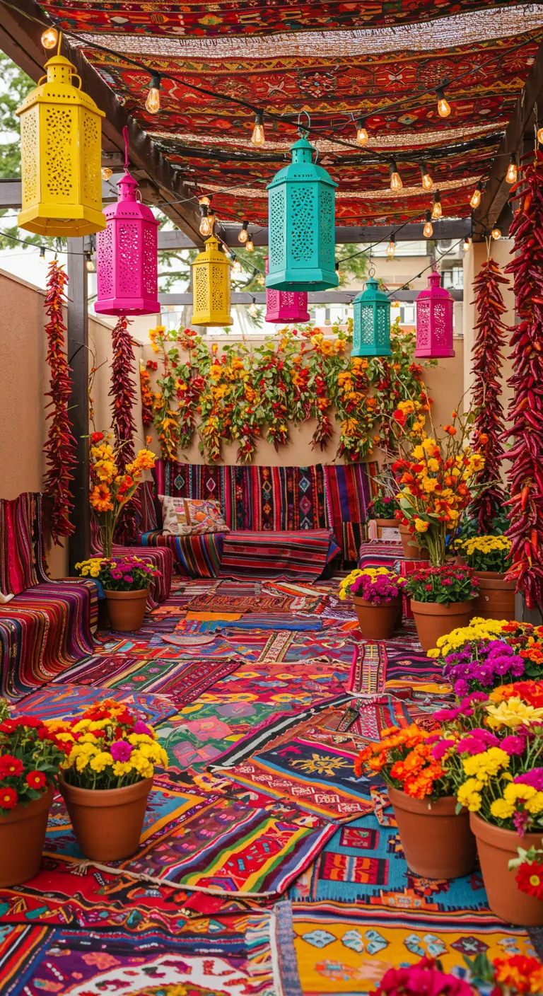 Espace extérieur très coloré avec auvent en tissu, lanternes multicolores, guirlandes de piments et fleurs en pot, sur tapis superposés.
