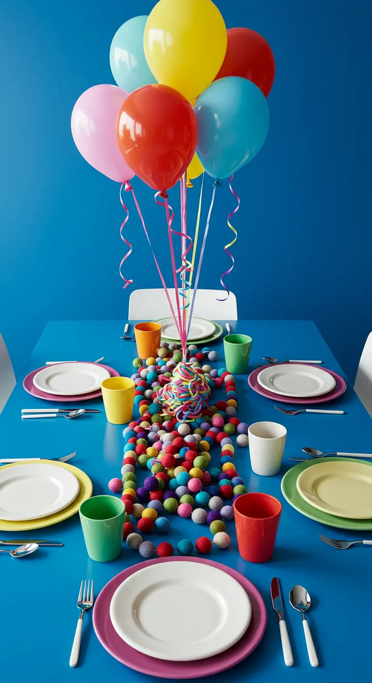 Table de fête très colorée avec une guirlande de pompons en feutre et des ballons.