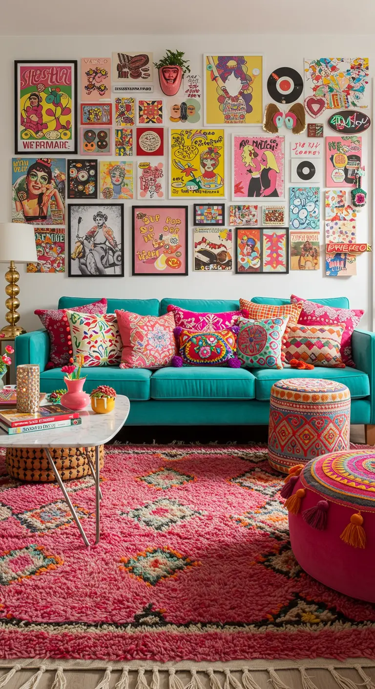 Salon très coloré avec un canapé turquoise, des coussins brodés et un mur de posters pop art.