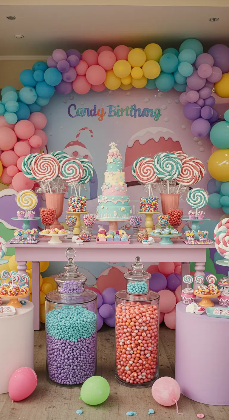 Buffet d'anniversaire sur le thème des bonbons avec une arche de ballons pastel.