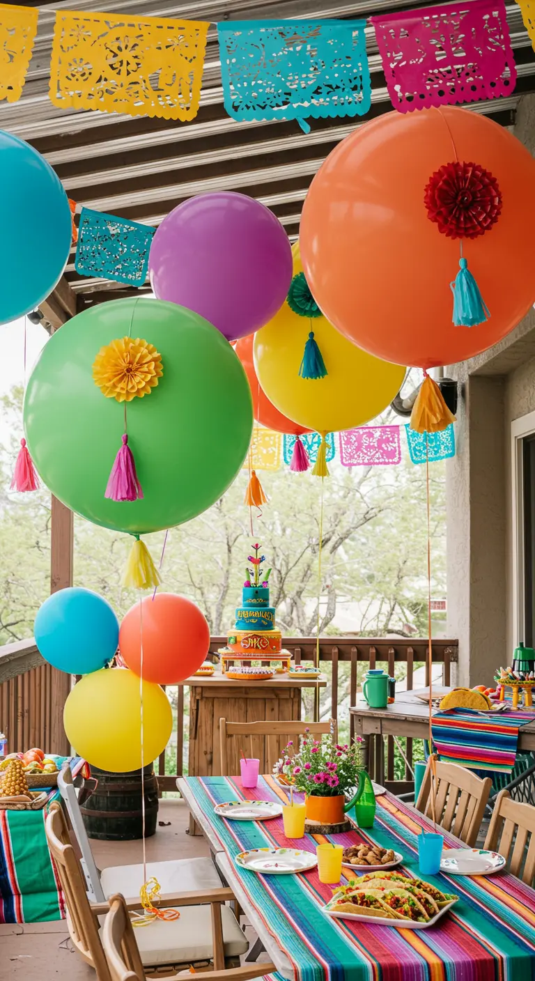 Ballons géants et colorés décorés de pompons et tassels pour une fiesta mexicaine.