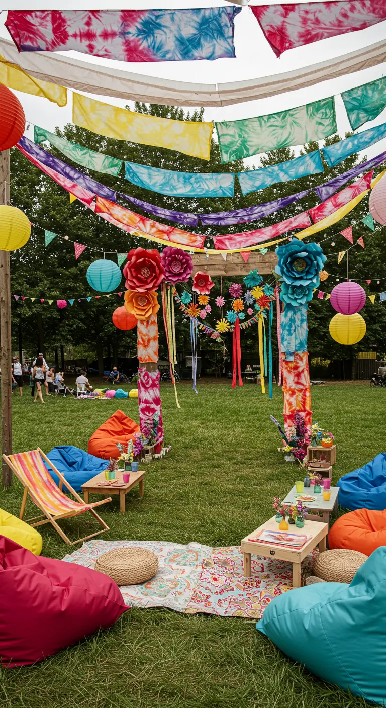 Arche de mariage festivalière avec tissus tie-dye arc-en-ciel, fleurs en papier, lanternes et poufs.