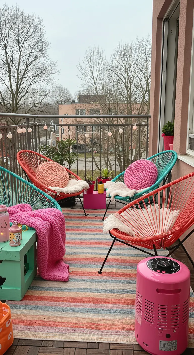 Balcon coloré avec chaises Acapulco, tapis rayé et chauffage rose.