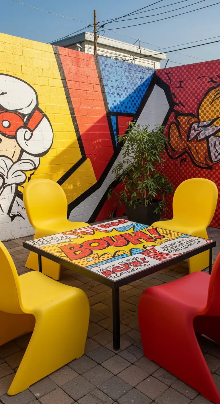 Table en mosaïque Pop Art avec le mot BOOM! dans une cour colorée.