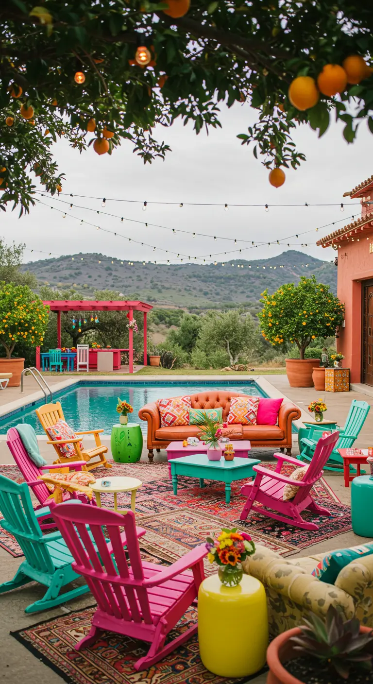 Terrasse colorée avec chaises pop, canapé orange, arbres fruitiers et piscine ensoleillée.