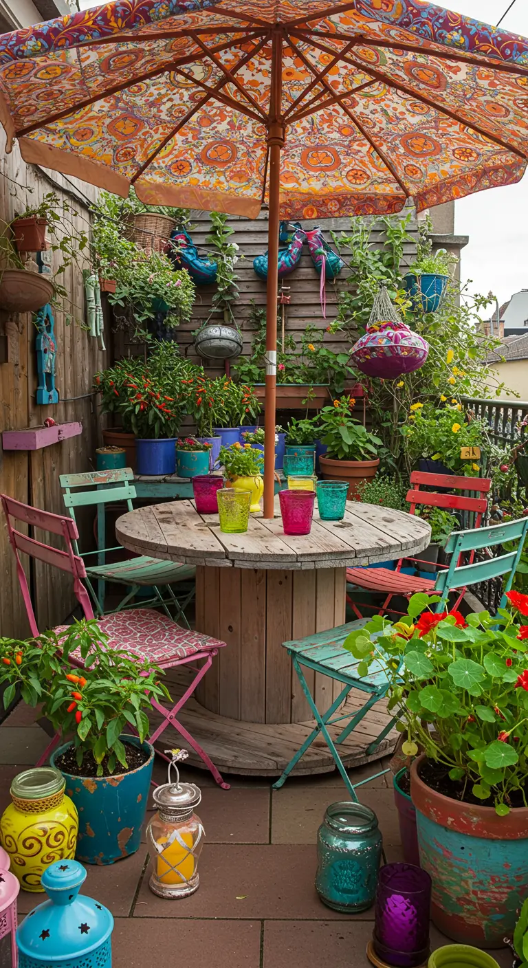 Terrasse bohème très colorée avec parasol fleuri, table en bobine et plantes abondantes.