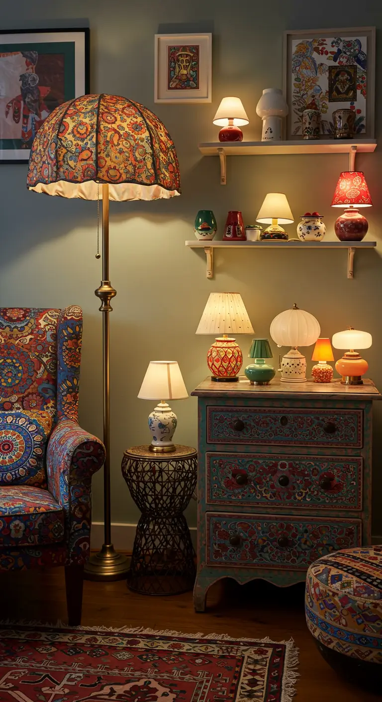 Coin de chambre coloré avec une collection de petites lampes d'appoint sur une commode et des étagères.