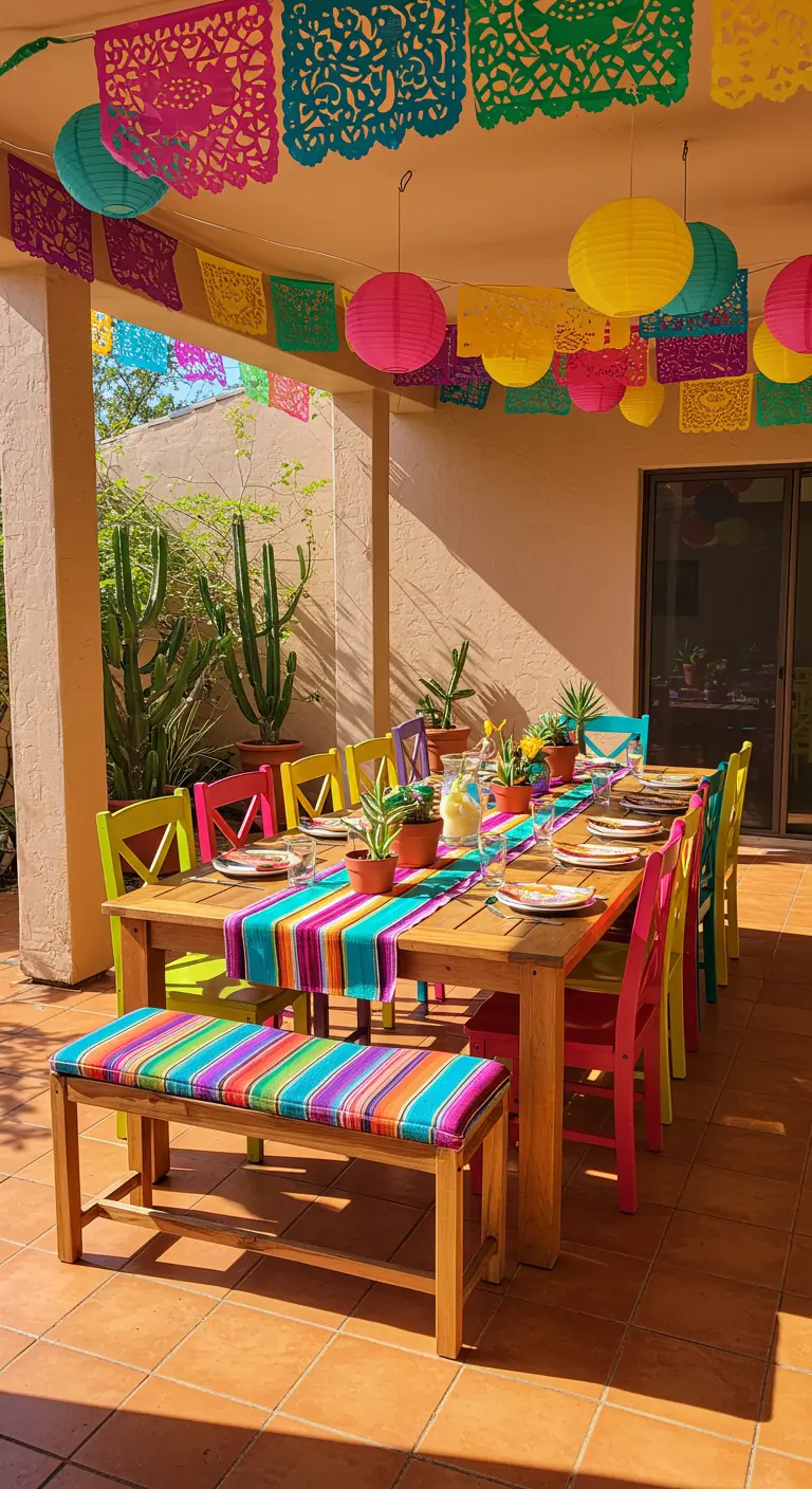 Chemin de table rayé multicolore sur table extérieure, chaises vives, lampions mexicains.