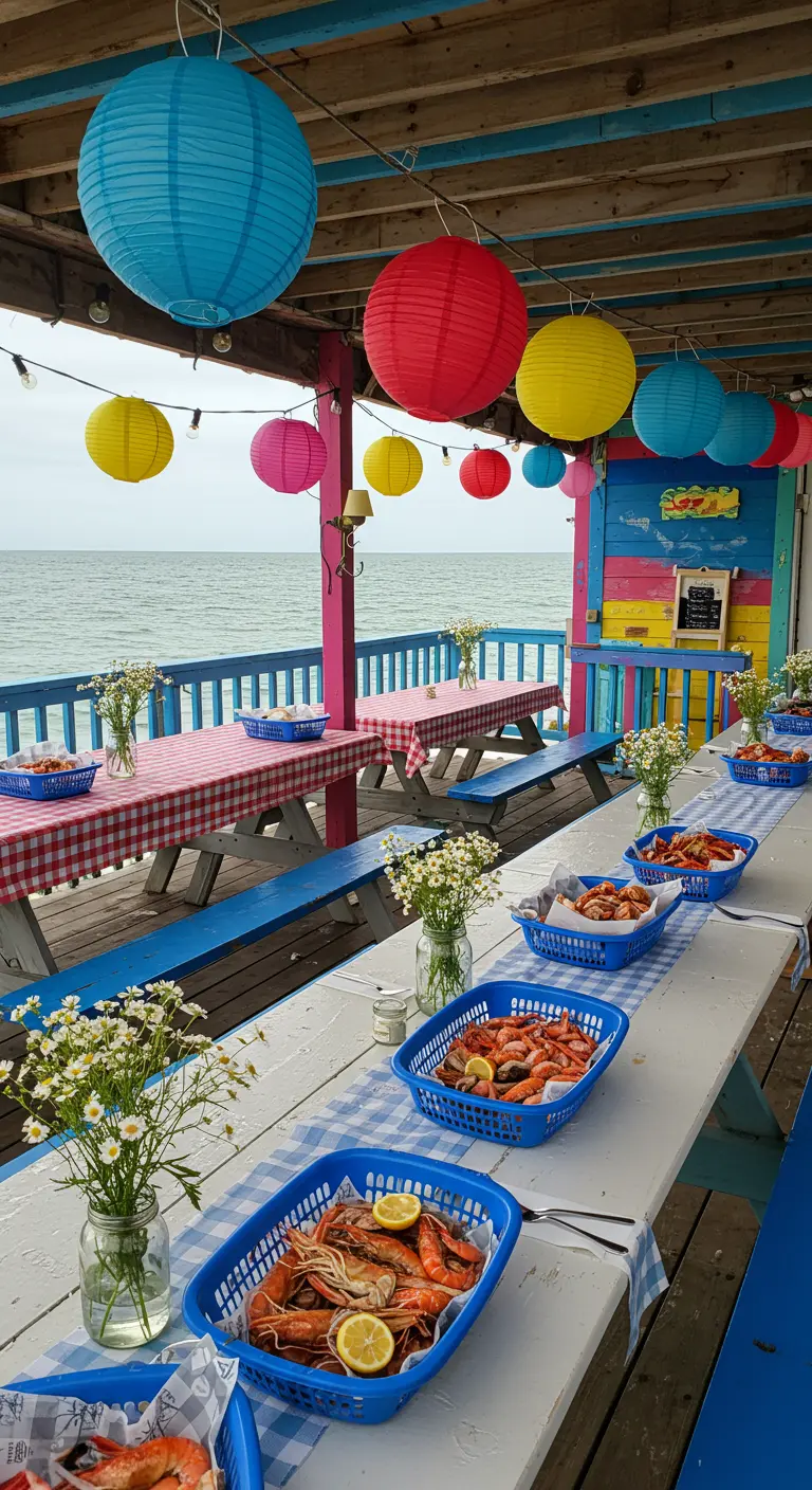 Terrasse colorée en bord de mer avec tables de pique-nique, lampions multicolores et plats de fruits de mer.