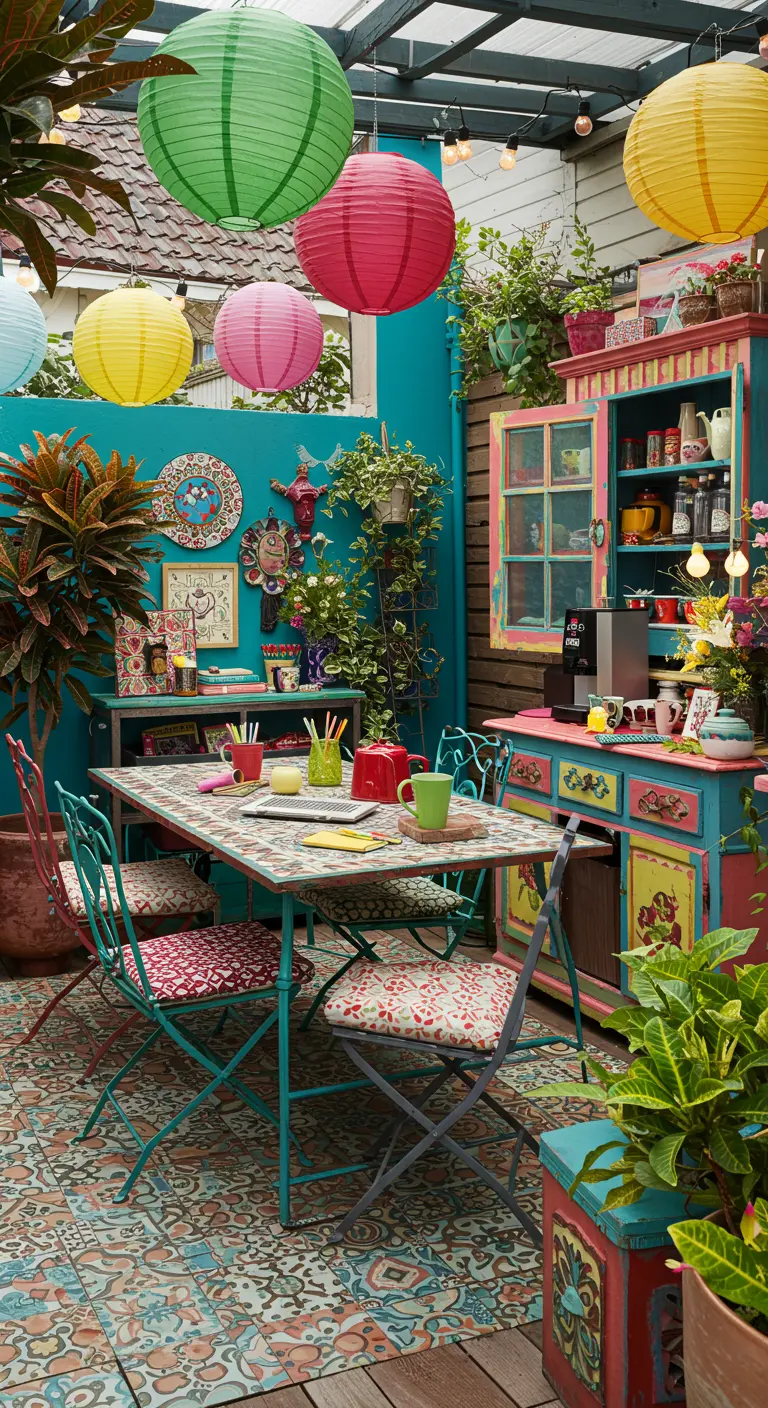 Patio coloré avec bureau, chaises en métal, lanternes suspendues et murs décorés de motifs vifs.