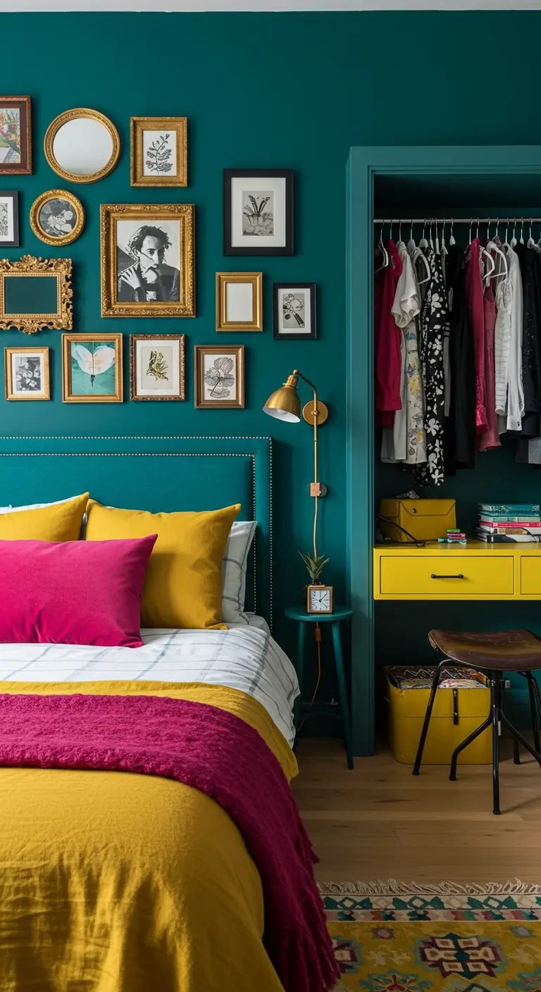 Chambre éclectique avec un mur bleu-vert rempli de cadres et du linge de lit coloré.