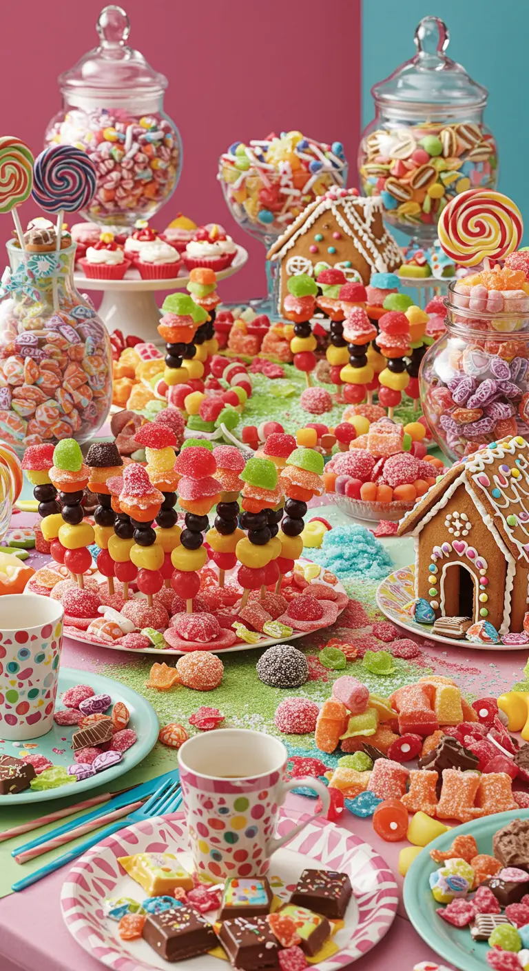 Buffet géant de bonbons colorés, brochettes de jujubes, sucettes et maisons en pain d'épices.