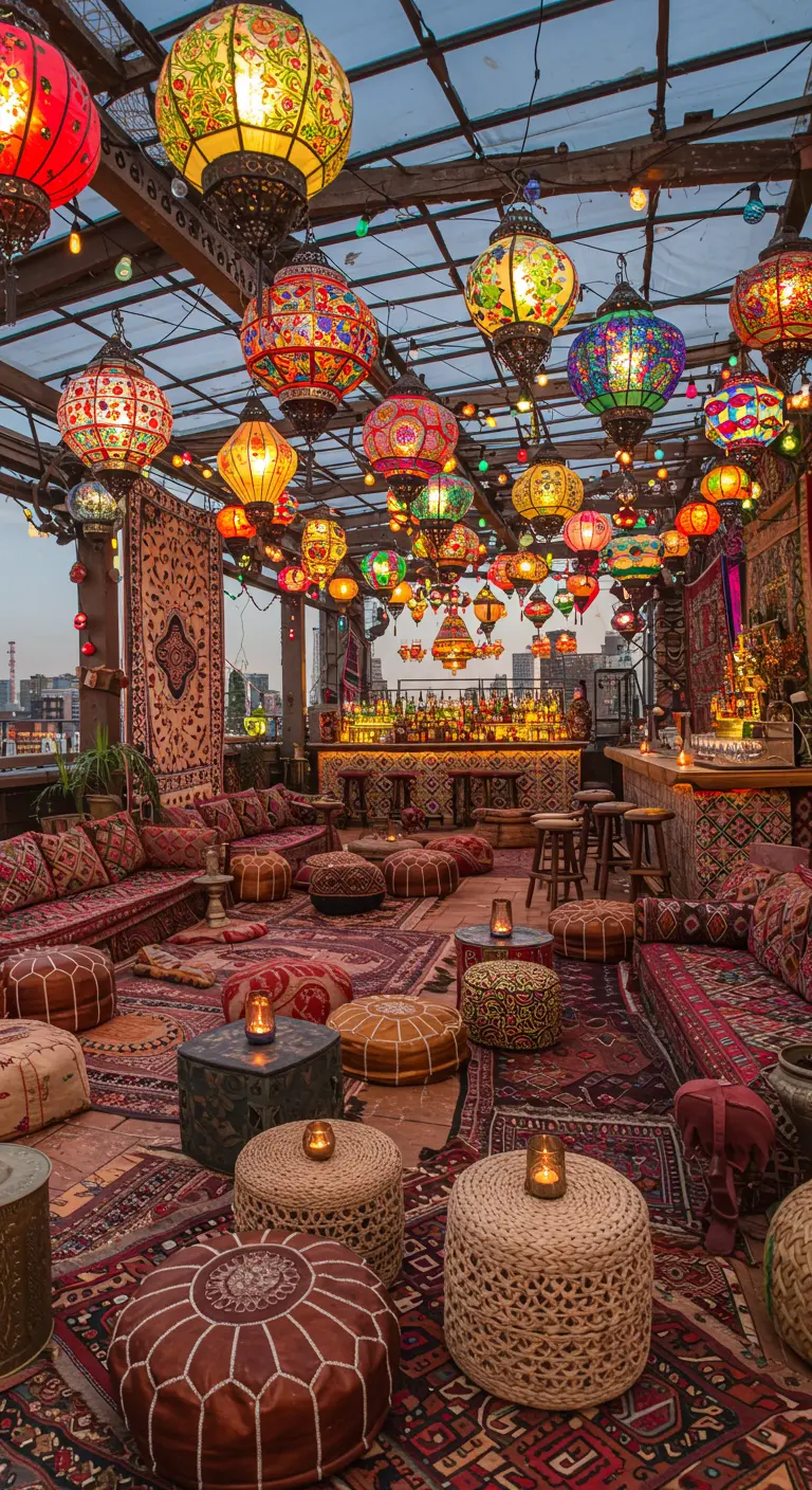 Rooftop oriental très coloré avec une multitude de lanternes, tapis, poufs et bar à mosaïque.