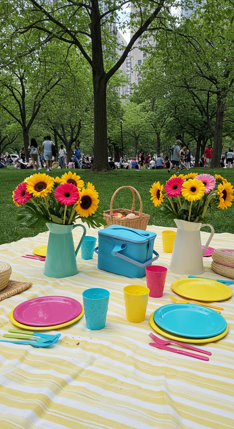 Pique-nique coloré dans un parc urbain avec nappe rayée jaune, vaisselle pop et bouquets de tournesols.
