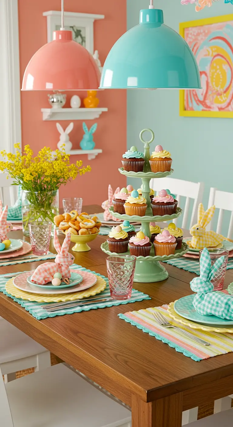 Table de Pâques colorée avec cupcakes, sets de table vichy et lapins décoratifs.